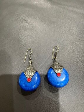 Blue Stone Drop Earrings with Silver-Tone Accent